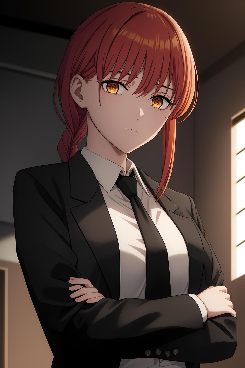 makima, 1girl, solo, long_hair, breasts, looking_at_viewer, bangs, shirt, long_sleeves, holding, medium_breasts, closed_mouth, jacket, yellow_eyes, white_shirt, upper_body, braid, sidelocks, red_hair, necktie, collared_shirt, pants, indoors, medium_hair, black_jacket, orange_eyes, black_pants, formal, suit, black_necktie, braided_ponytail, office_lady, ringed_eyes, business_suit, crossed_arms