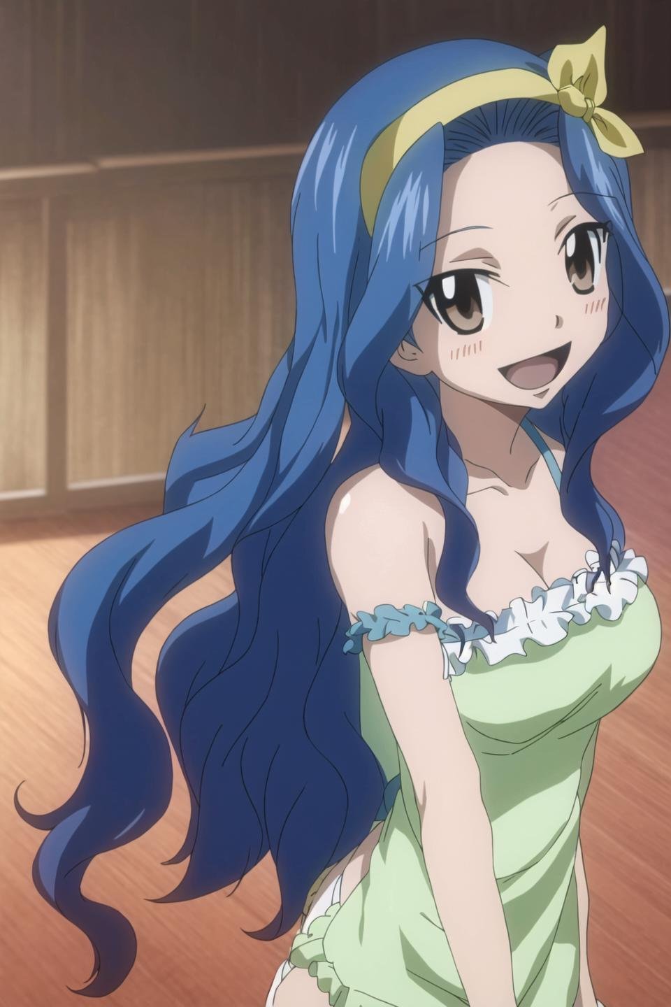 levy, fairy tail, anime art style, 1girl, solo, long_hair, smile, hair_ornament, bare_shoulders, brown_eyes, blue_hair, collarbone, upper_body, :d, hairband