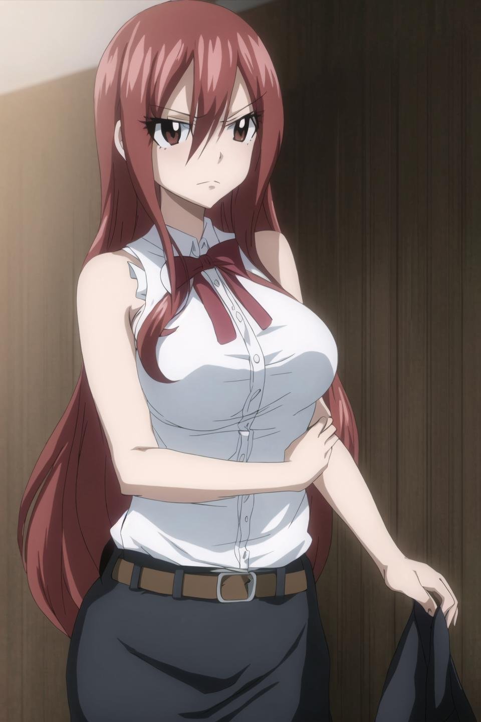 erza, fairy tail, anime art style, 1girl, solo, long_hair, breasts, looking_at_viewer, shirt, ribbon, brown_eyes, white_shirt, upper_body, red_hair, sleeveless, hair_over_one_eye, sleeveless_shirt, frown, parody