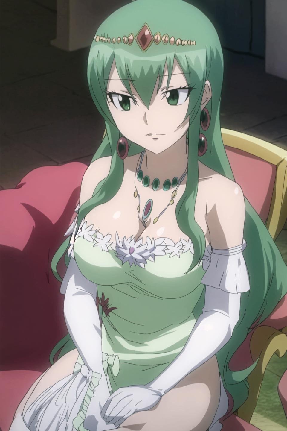 hisui, fairy tail, anime art style, 1girl, solo, long_hair, breasts, looking_at_viewer, gloves, dress, cleavage, bare_shoulders, jewelry, sitting, green_eyes, earrings, green_hair, elbow_gloves, necklace, white_dress, chair, tiara