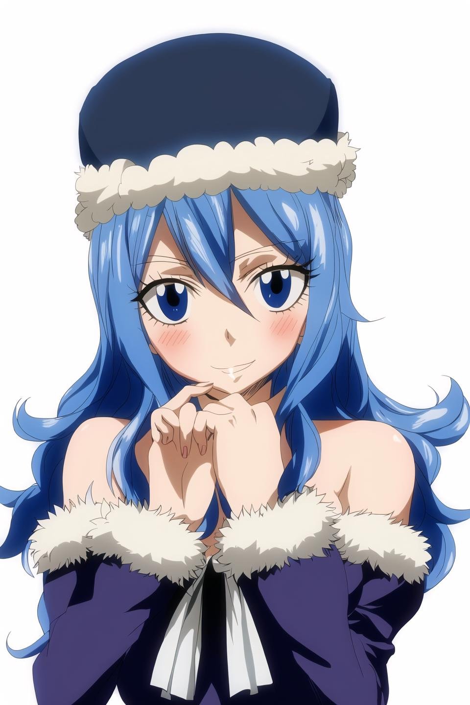 juvia, fairy tail, anime art style, 1girl, solo, blush, smile, hat, blue_hair, closed_eyes, fur_trim, parody, hands_on_own_face, hands_on_own_cheeks