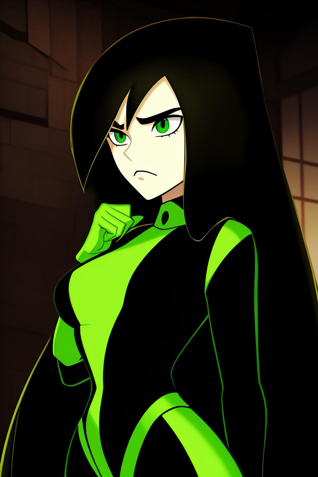 shego, 1girl, solo, long_hair, breasts, looking_at_viewer, black_hair, gloves, long_sleeves, very_long_hair, closed_mouth, green_eyes, upper_body, small_breasts, bodysuit, facial_hair, frown, thick_eyebrows, green_gloves, green_bodysuit