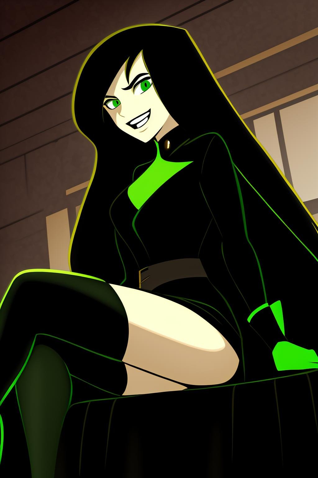 shego, 1girl, solo, long_hair, looking_at_viewer, smile, open_mouth, black_hair, very_long_hair, green_eyes, :d, teeth, black_gloves, cape, grin, outline, indoor, throne, sitting, crossed_legs, black_stockings, from_below, looking_down, 