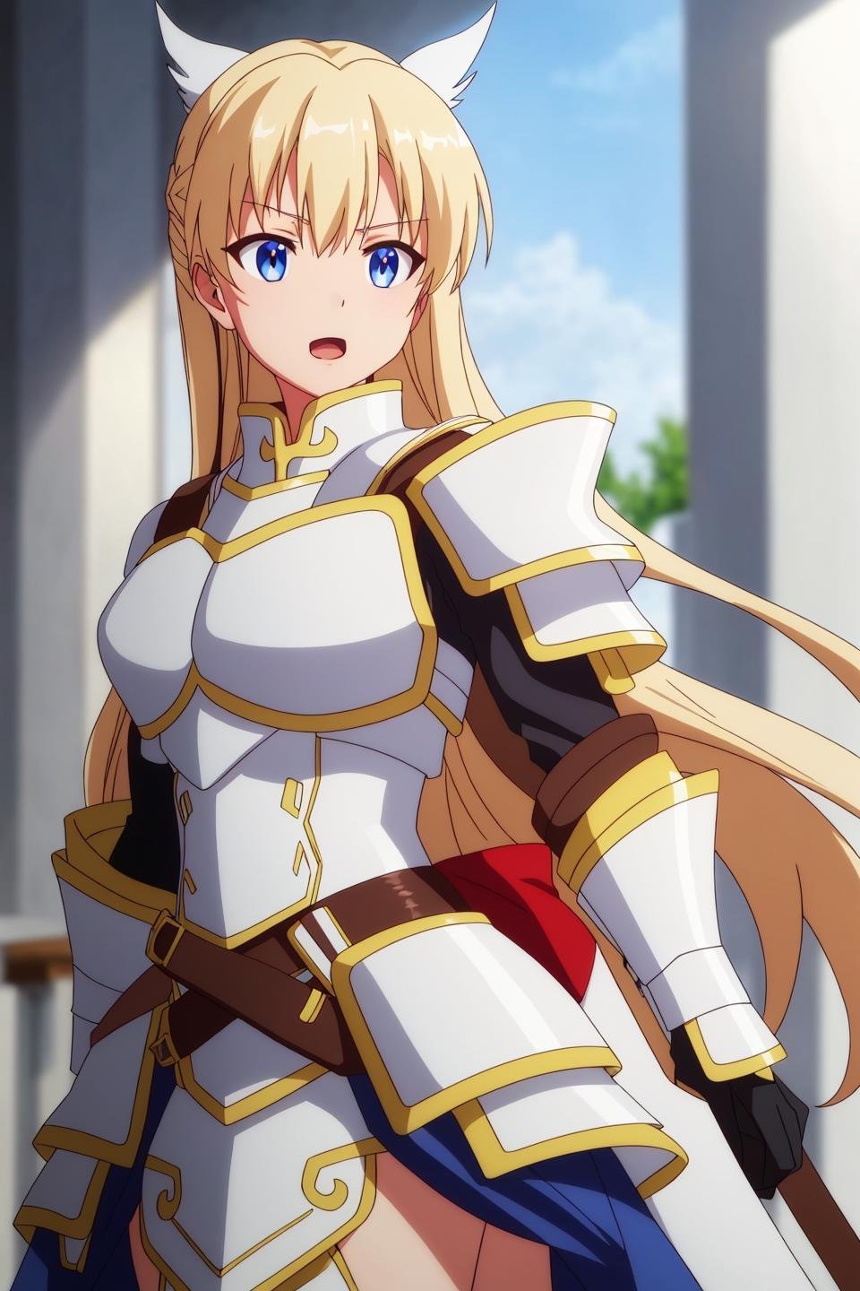 jeanne, anime, 1girl, solo, long_hair, looking_at_viewer, open_mouth, bangs, blue_eyes, blonde_hair, upper_body, armor, blurry, parted_bangs, hair_intakes, shoulder_armor, breastplate