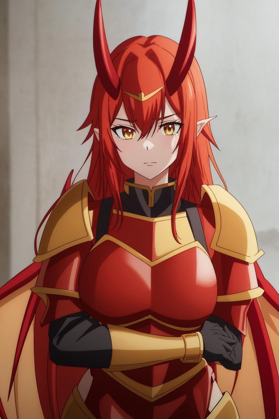 carla, anime, 1girl, solo, long_hair, looking_at_viewer, hair_between_eyes, yellow_eyes, upper_body, red_hair, wings, horns, armor, cosplay, parody, shoulder_armor, breastplate, red_wings, anime_coloring, red_armor