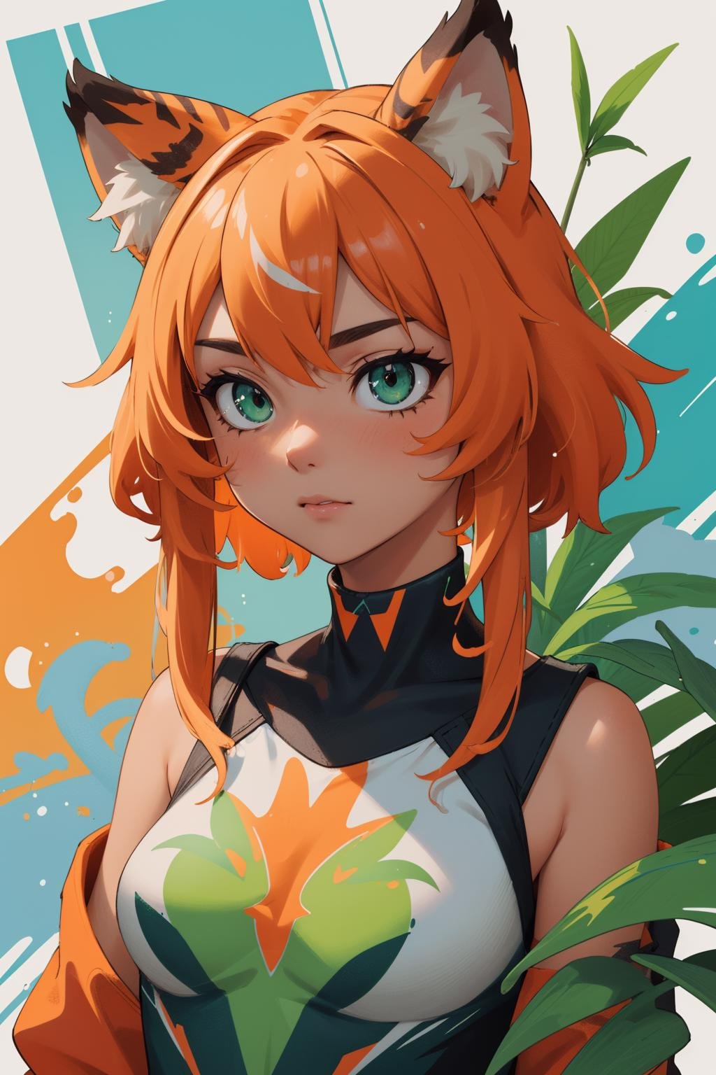 (masterpiece:1.1), (highest quality:1.1), (HDR:1.0), extreme quality, cg, (negative space), detailed face+eyes, 1girl, fox ears, animal ear fluff, (plants:1.18), (fractal art), (bright colors), splashes of color background, colors mashing, paint splatter, complimentary colors, neon, (thunder tiger), compassionate, electric, limited palette, synthwave, fine art, tan skin, upper body, (green and orange:1.2), time stop, sy3, SMM