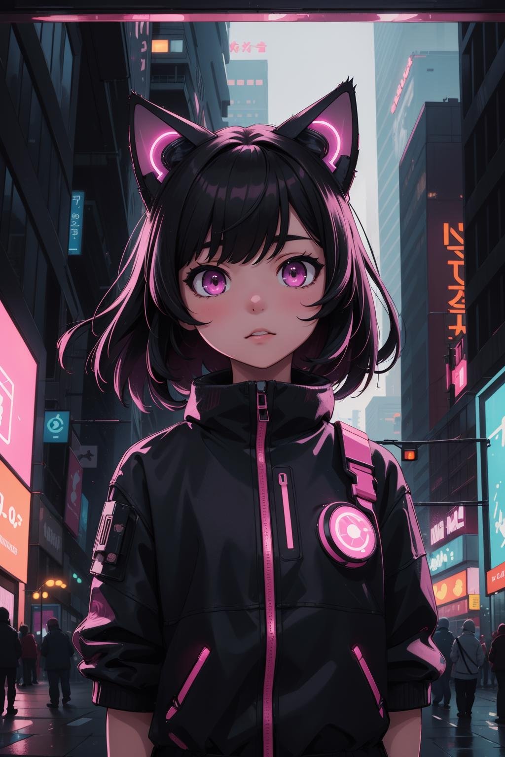 (masterpiece:1.1), (highest quality:1.1), (HDR:1.0), evening, cityscape, 1girl, solo, cat_ears, ears_down, looking_at_viewer, upper_body, black_hair, pink_eyes, outdoors, cyberpunk, science_fiction, neon_lights