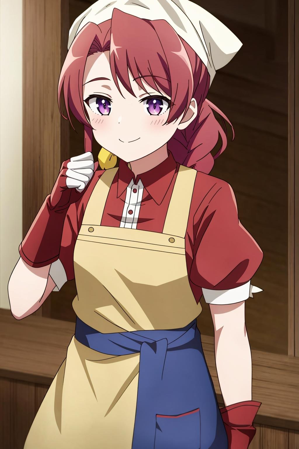 munami, 1girl, solo, long_hair, looking_at_viewer, blush, smile, bangs, shirt, gloves, hat, closed_mouth, purple_eyes, upper_body, braid, short_sleeves, red_hair, puffy_sleeves, collared_shirt, indoors, fingerless_gloves, apron, puffy_short_sleeves, single_braid, clenched_hand, red_gloves, yellow_shirt, bandana, head_scarf, anime_coloring