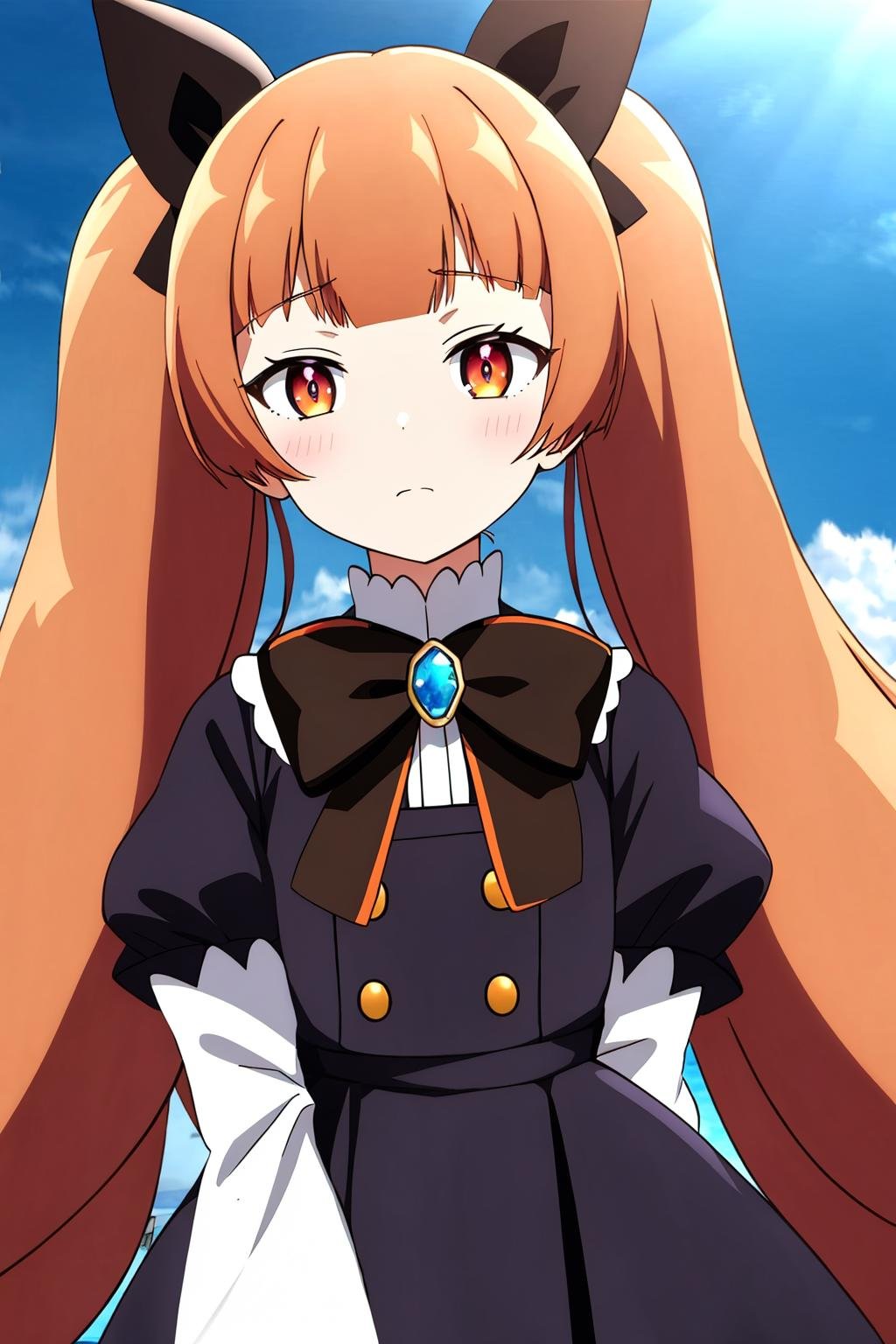 suori, 1girl, solo, long_hair, looking_at_viewer, blush, bangs, brown_hair, long_sleeves, dress, bow, ribbon, twintails, brown_eyes, jewelry, very_long_hair, closed_mouth, hair_ribbon, upper_body, hair_bow, outdoors, sky, day, puffy_sleeves, cloud, blunt_bangs, bowtie, orange_hair, blue_sky, orange_eyes, black_ribbon, black_bow, frown, red_dress, juliet_sleeves, brooch, rope, bright_pupils, white_pupils, v_arms, black_bowtie