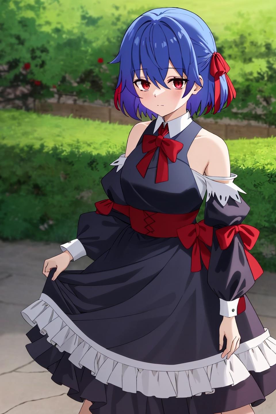 ruti, anime, 1girl, short_hair, bangs, black_hair, red_eyes, long_sleeves, 1boy, dress, bow, ribbon, hair_between_eyes, bare_shoulders, closed_mouth, blue_hair, hair_ribbon, upper_body, purple_hair, flower, outdoors, detached_sleeves, sky, day, red_ribbon, blue_sky, blue_dress, rose, expressionless, red_flower