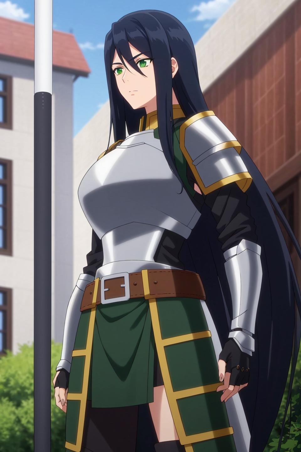 theodora, anime, 1girl, long_hair, bangs, gloves, hair_between_eyes, closed_mouth, green_eyes, blue_hair, outdoors, belt, fingerless_gloves, armor, shoulder_armor, breastplate