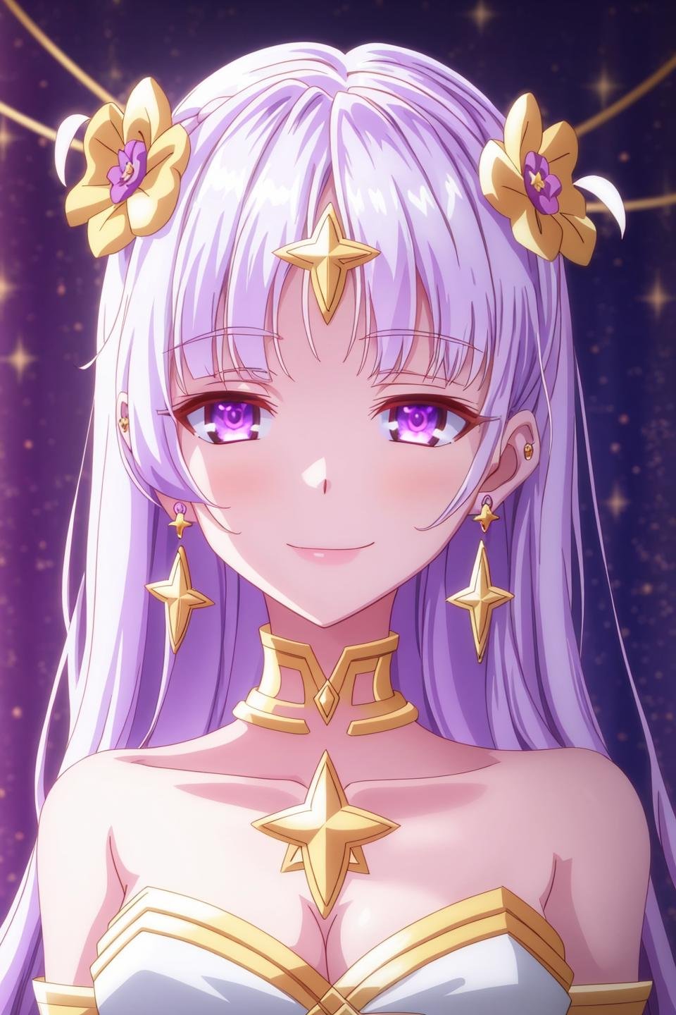 goddess, anime art style, 1girl, solo, long_hair, looking_at_viewer, smile, bangs, hair_ornament, jewelry, purple_eyes, flower, white_hair, earrings, hair_flower, star_(symbol), portrait, star_earrings