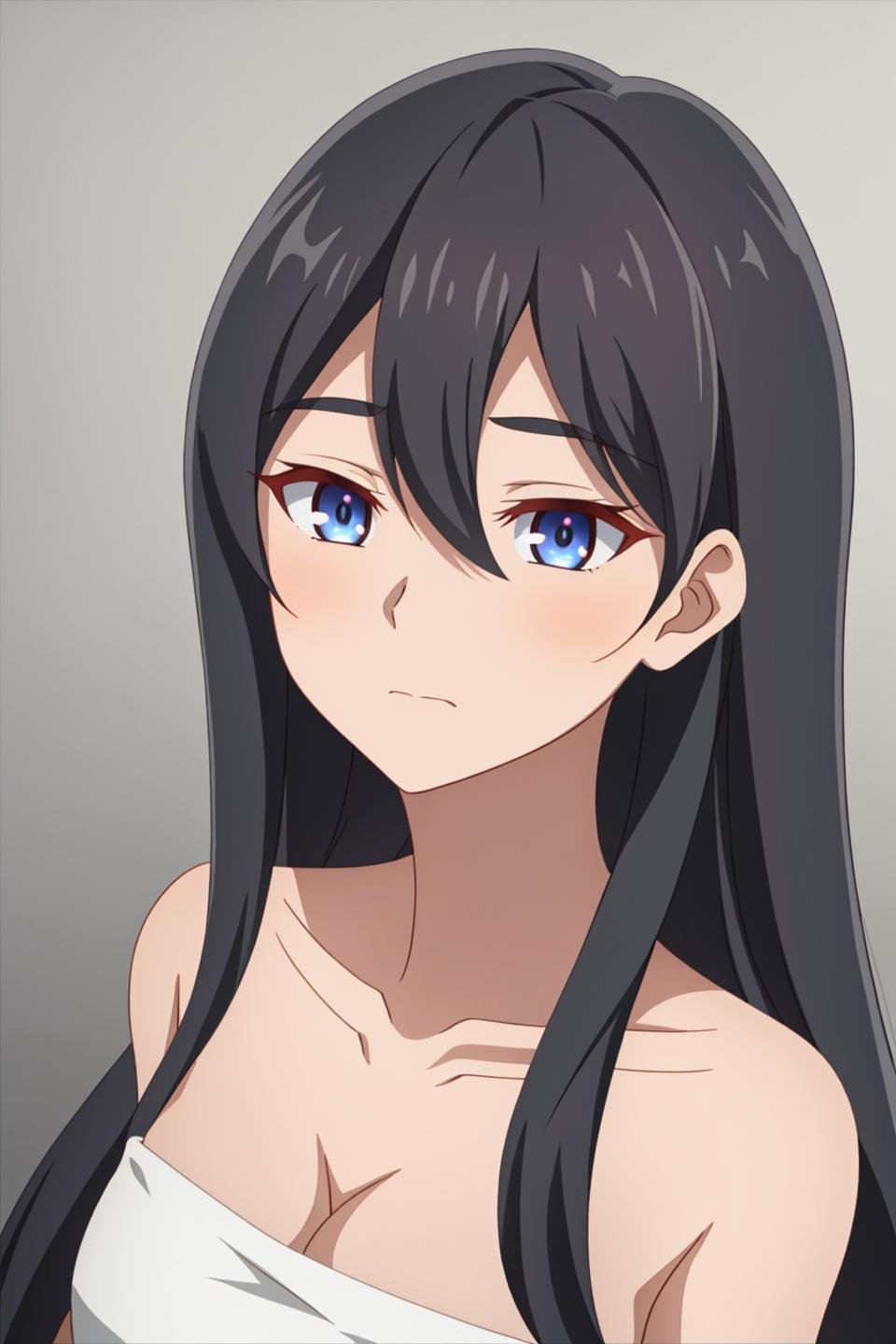 ifa, anime art style, 1girl, solo, long_hair, looking_at_viewer, blue_eyes, black_hair, hair_between_eyes, closed_mouth, collarbone, upper_body, frown, black_background, anime_coloring