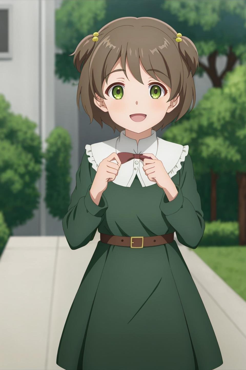 kerry, anime art style, 1girl, solo, looking_at_viewer, smile, short_hair, open_mouth, bangs, brown_hair, hair_ornament, long_sleeves, dress, green_eyes, standing,, :d,, two_side_up