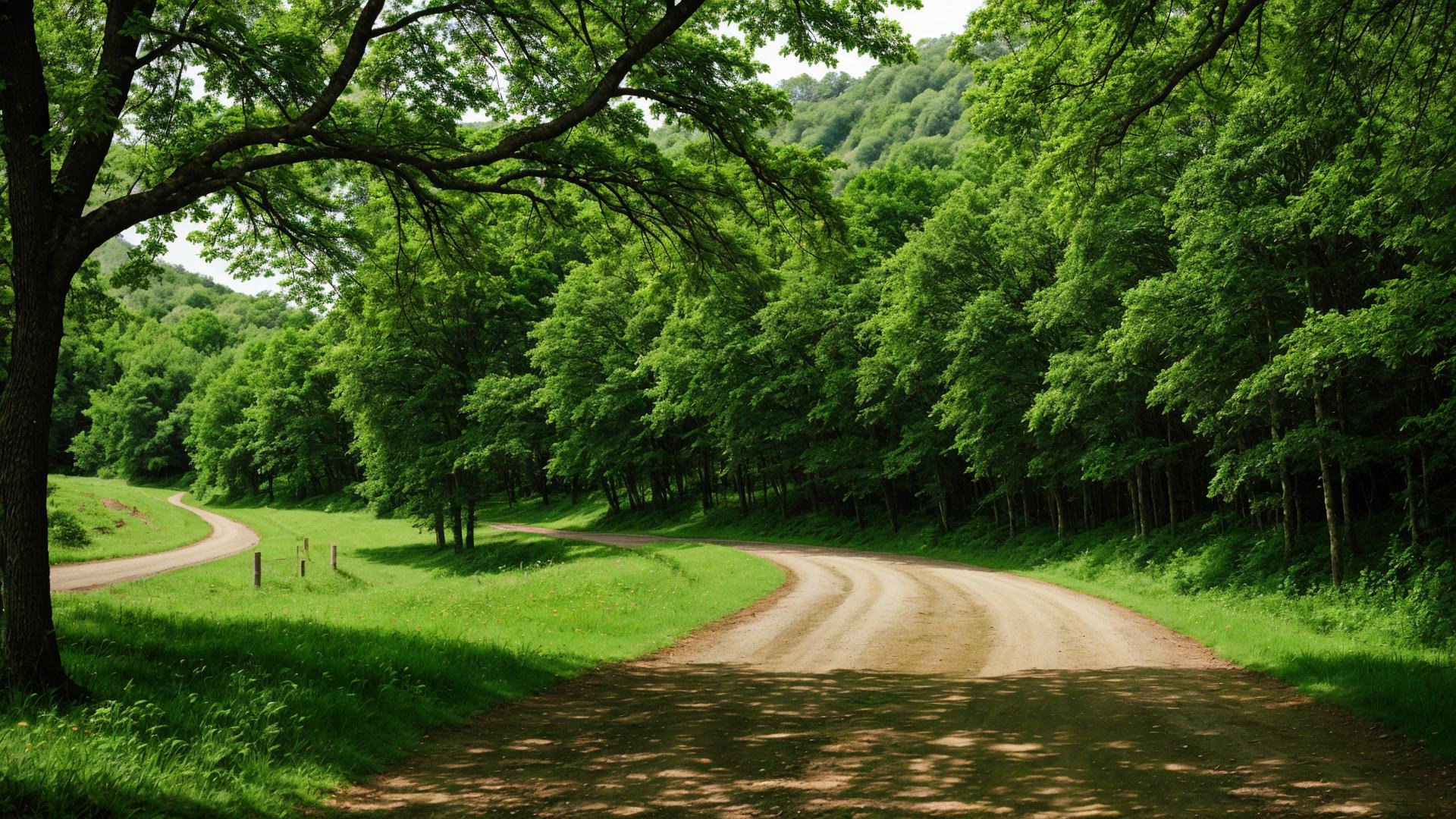 outdoors, day, tree, no humans, leaf, traditional media, grass, plant, nature, scenery, forest, road, green theme, path