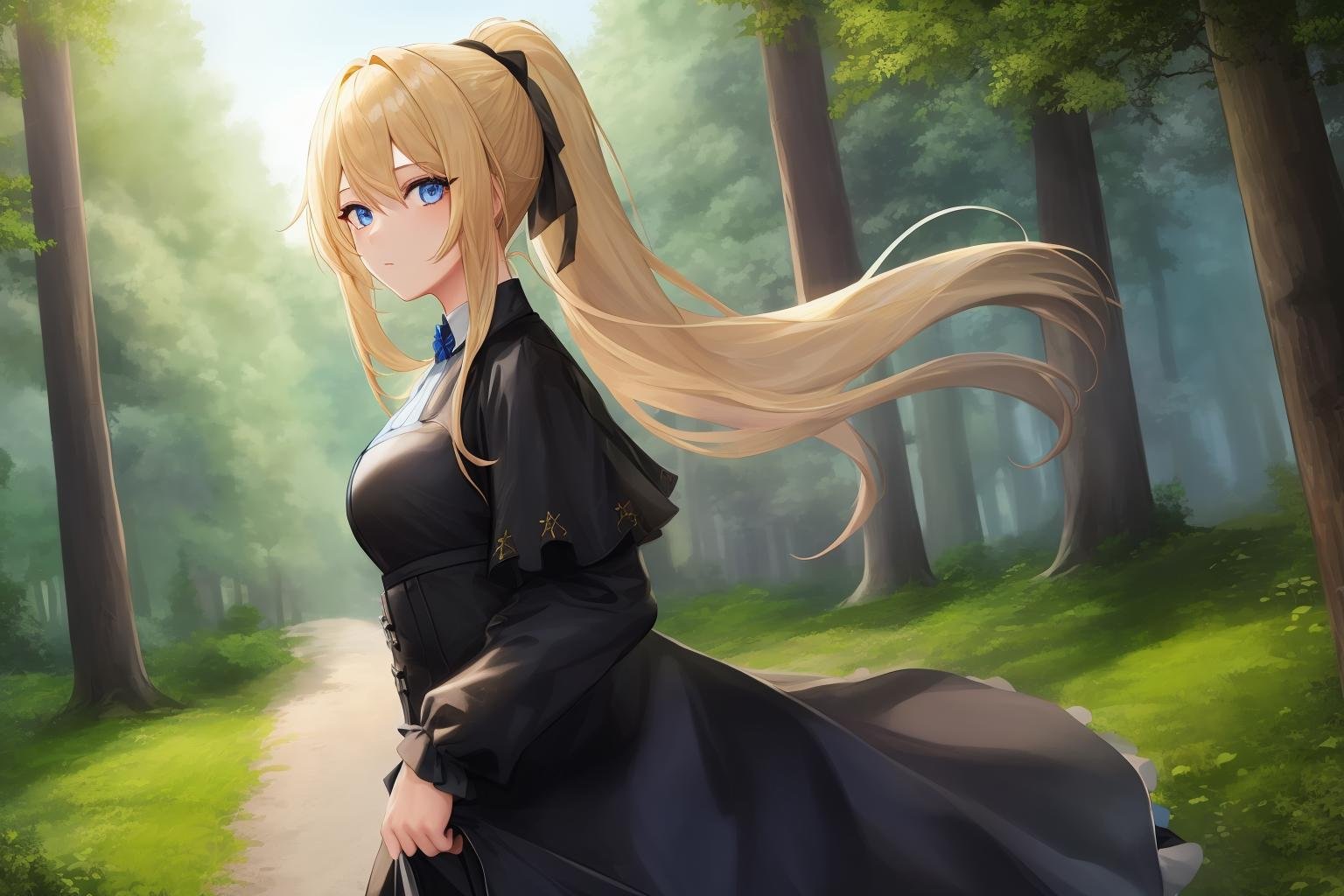 1girl, solo, blond_hair, blue_eyes, black_dress, ponytail, long_hair, outdoor, forest