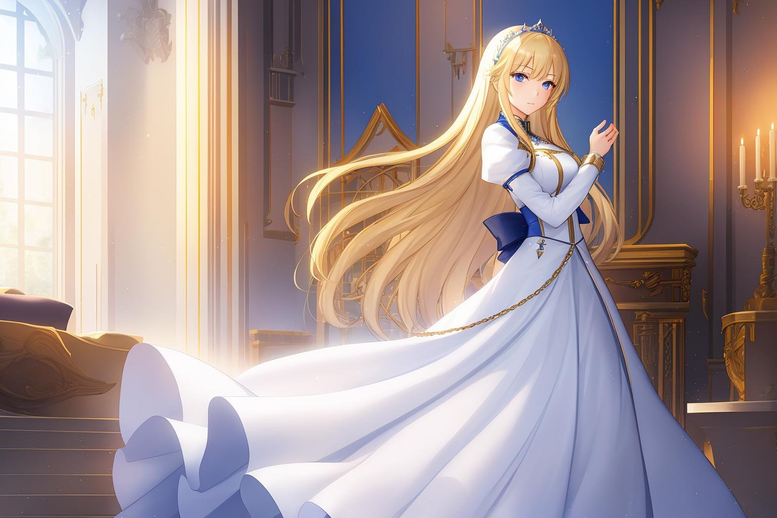 1girl, solo, blond_hair, blue_eyes, white_dress, princess, long_hair, indoor, castle, thron