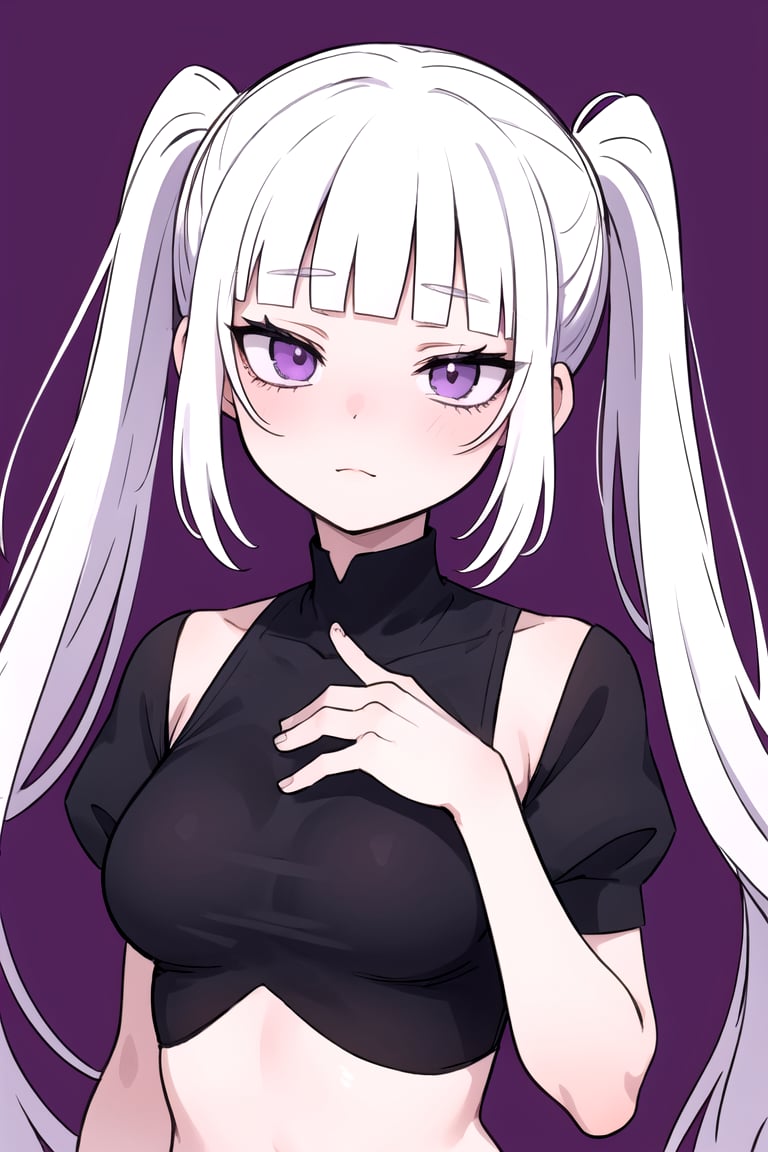 best quality, (simple background : 1.2),   long hair, bangs, (purple eyes:1.1), white hair, twin tails, blunt bangs, half updo, RATATATAT74