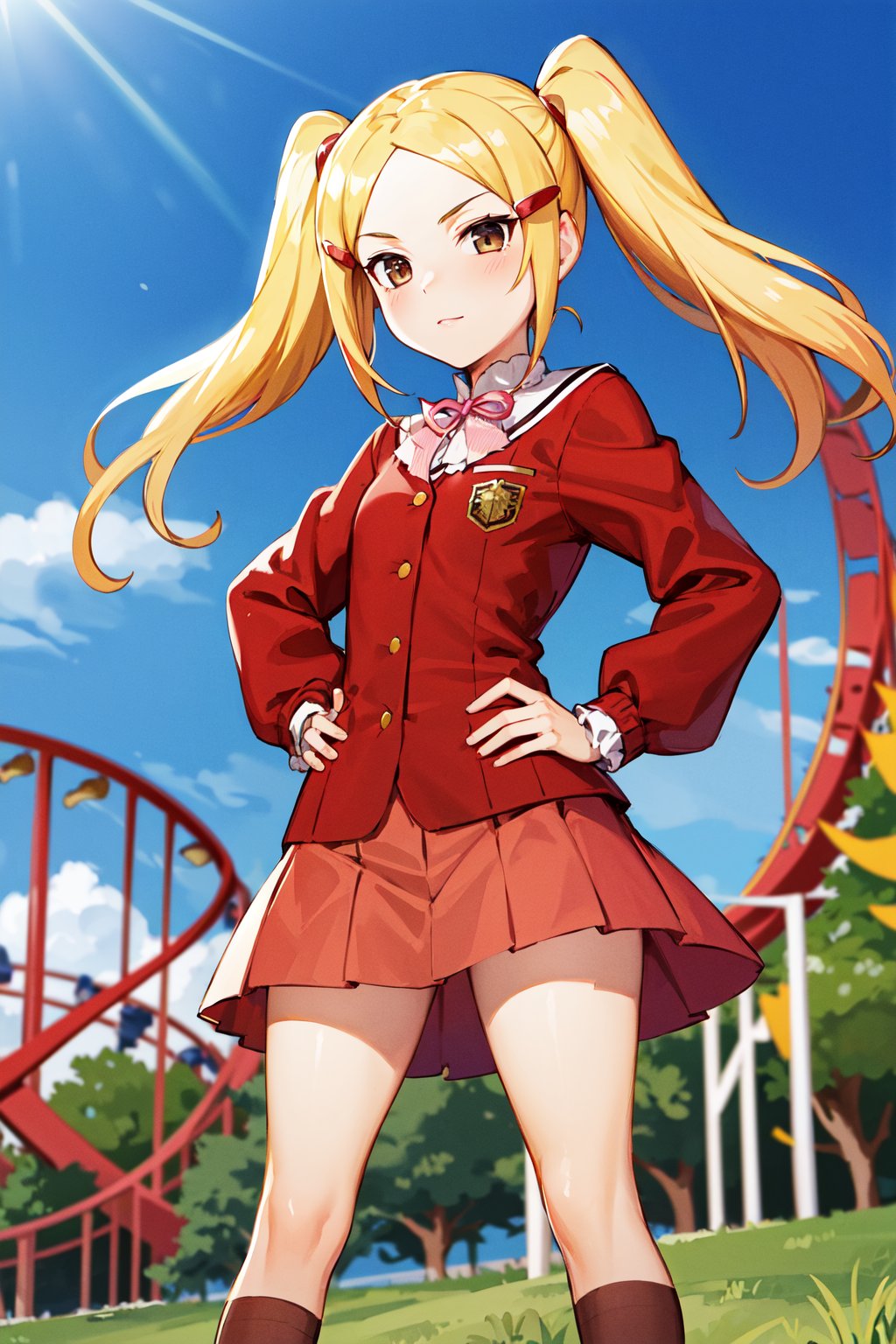 masterpiece, best quality, highres, aamio, long hair, twintails, brown eyes, hair ornament, school uniform, red jacket, long sleeves, pink skirt, <lora:aoyama_mio_v1:0.7>, outdoors, standing, amusement park, hands on hips,