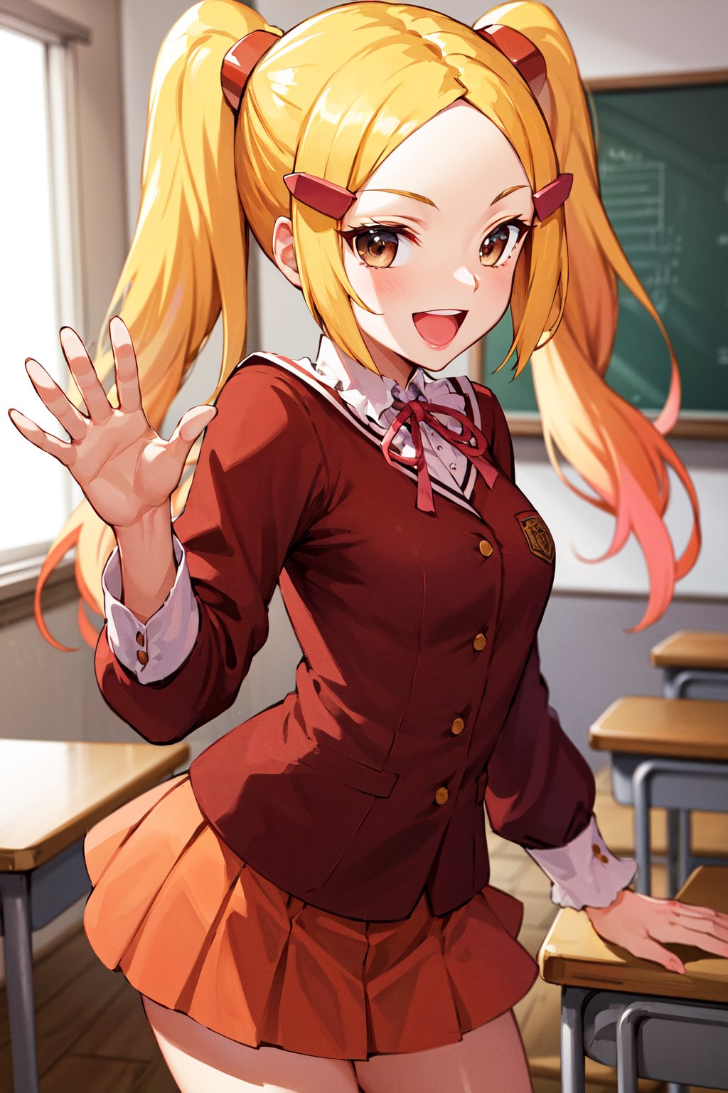 masterpiece, best quality, highres, aamio, long hair, twintails, brown eyes, hair ornament, school uniform, red jacket, long sleeves, pink skirt, <lora:aoyama_mio_v1:0.7>, waving, open mouth, classroom, smile,