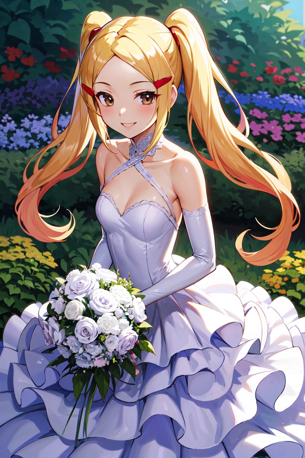 masterpiece, best quality, highres, aamio, long hair, twintails, brown eyes, hair ornament, <lora:aoyama_mio_v1:0.7>, wedding dress, white dress, white gloves, elbow gloves, garden, standing, holding bouquet, smile,