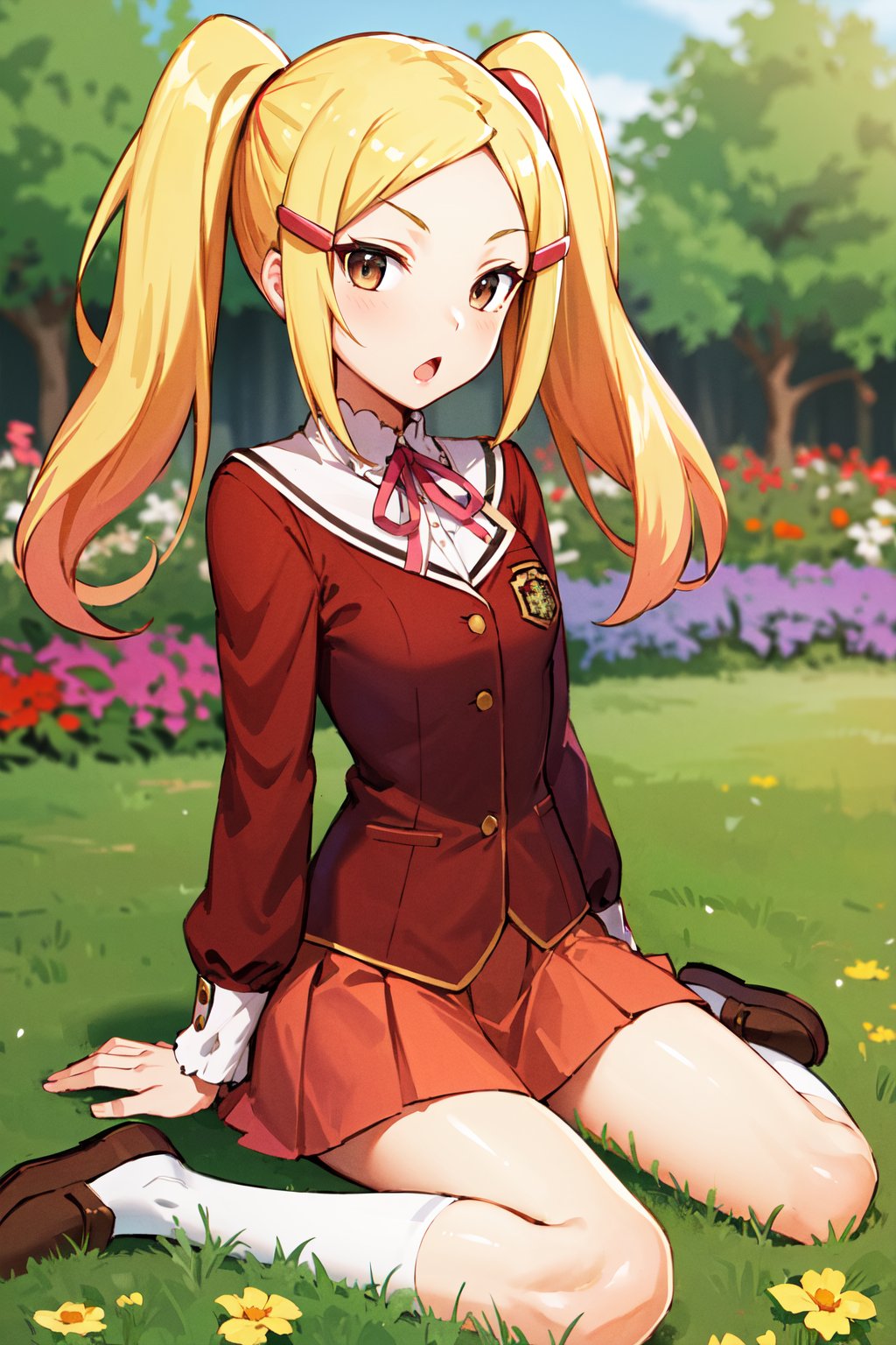 masterpiece, best quality, highres, aamio, long hair, twintails, brown eyes, hair ornament, school uniform, red jacket, long sleeves, pink skirt, <lora:aoyama_mio_v1:0.7>, :o, wariza, garden, filed, sitting,