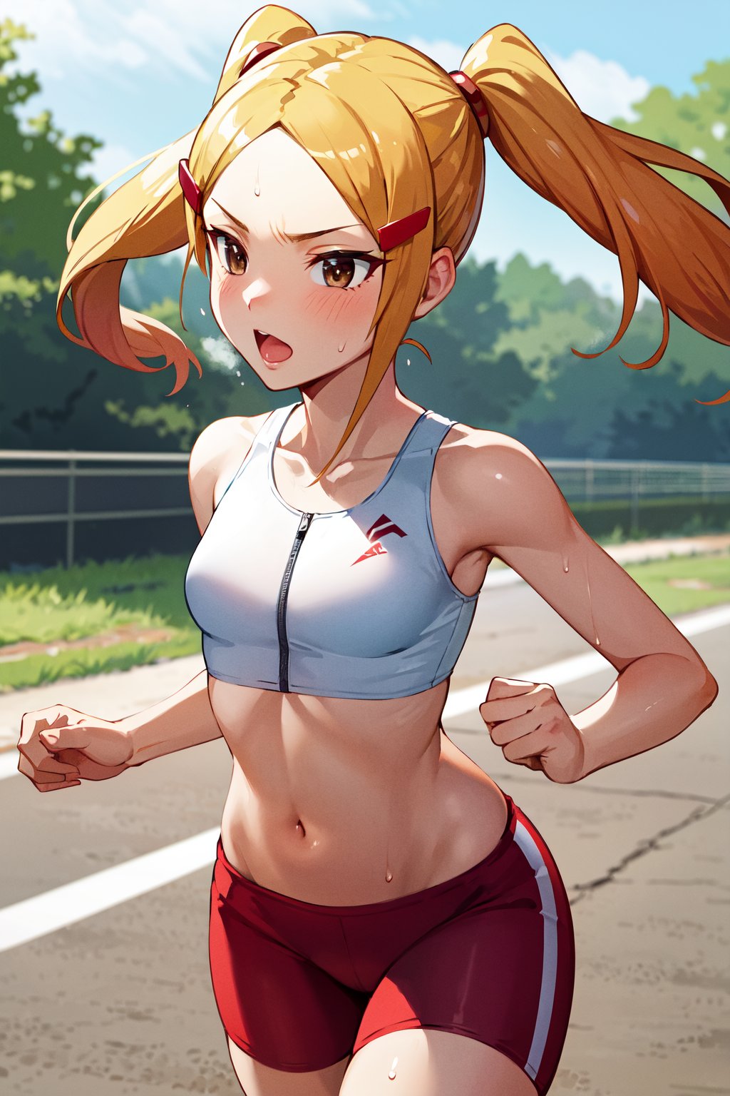 masterpiece, best quality, highres, aamio, long hair, twintails, brown eyes, hair ornament, <lora:aoyama_mio_v1:0.7>, white crop top, navel, running, sweat, bike shorts, park, cowboy shot