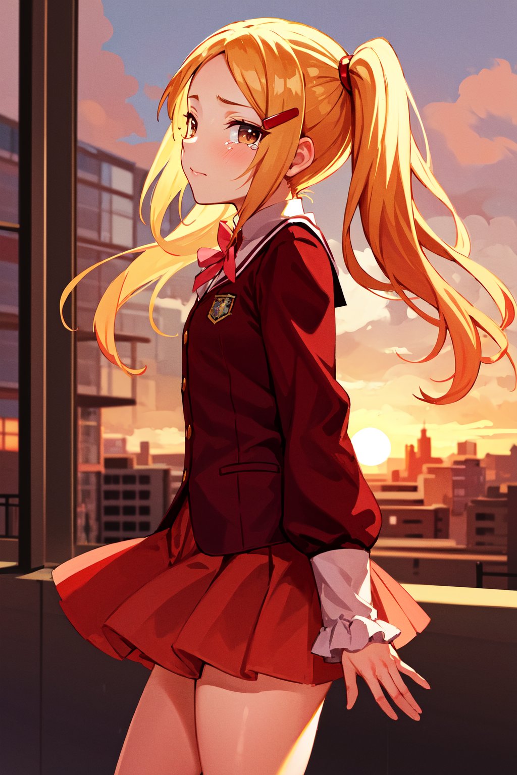 masterpiece, best quality, highres, aamio, long hair, twintails, brown eyes, hair ornament, school uniform, red jacket, long sleeves, pink skirt, <lora:aoyama_mio_v1:0.7>, sunset, from side, tears, city, looking at viewer, 