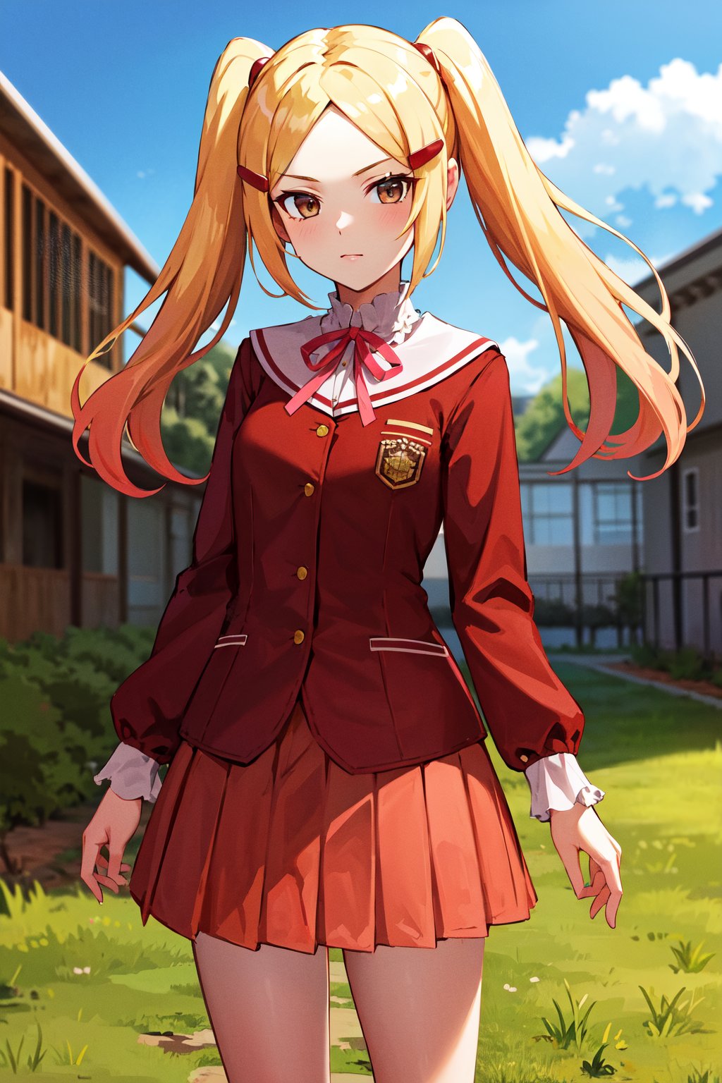 masterpiece, best quality, highres, aamio, long hair, twintails, brown eyes, hair ornament, school uniform, red jacket, long sleeves, pink skirt, <lora:aoyama_mio_v1:0.7>, standing, cowboy shot, outdoors, looking at viewer, building,