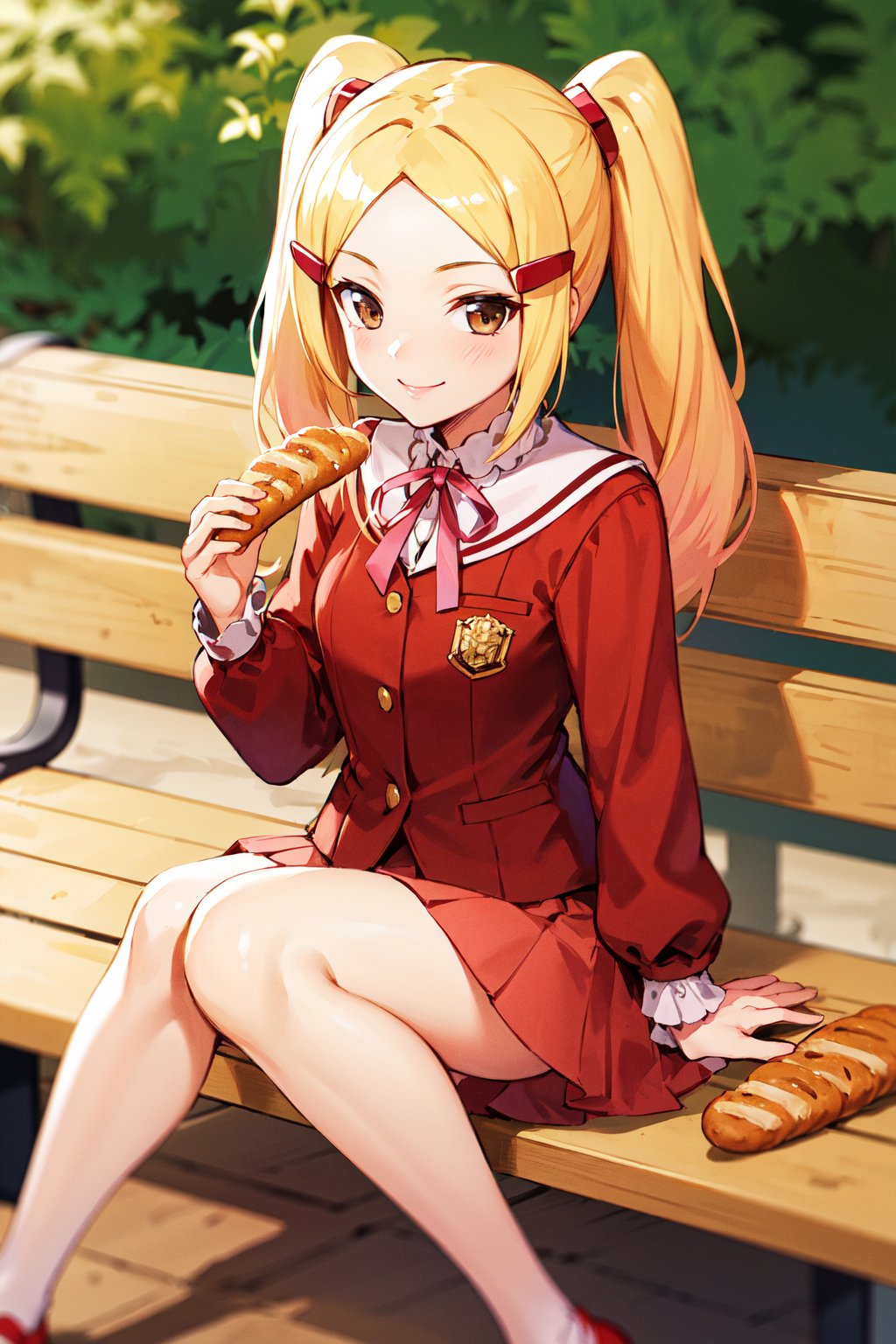 masterpiece, best quality, highres, aamio, long hair, twintails, brown eyes, hair ornament, school uniform, red jacket, long sleeves, pink skirt, <lora:aoyama_mio_v1:0.7>, sitting, bench, smile, food, bread, 