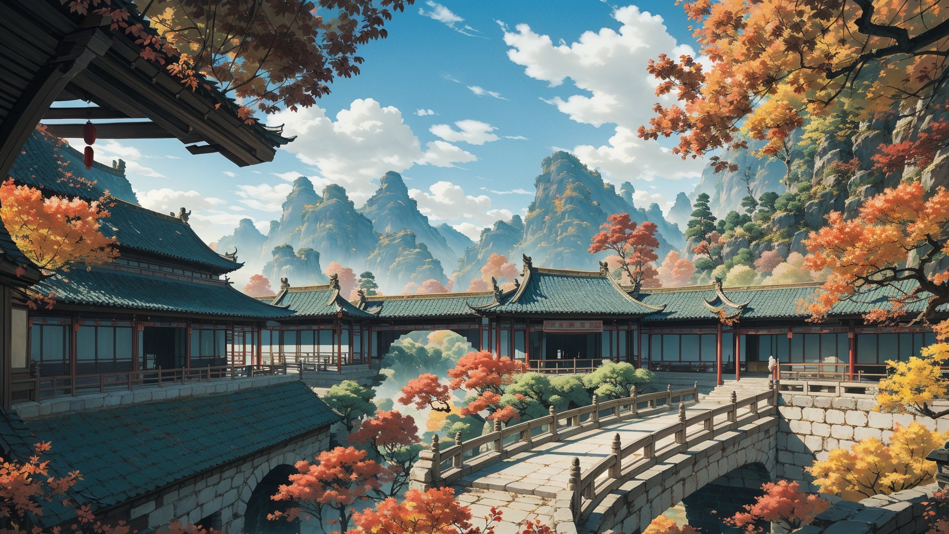 (ancient chinese architectures), scenery, fantasy, mystery, depth of field, wide shot, ,high view, high place, autumn theme, epic, apocalyptic future, (Terrace), ancient, bridge, lantern, glass, stairs, cliff, fantasy adventurer, cursed ancient chinese, ghibli style, stream, blue sky, cloud