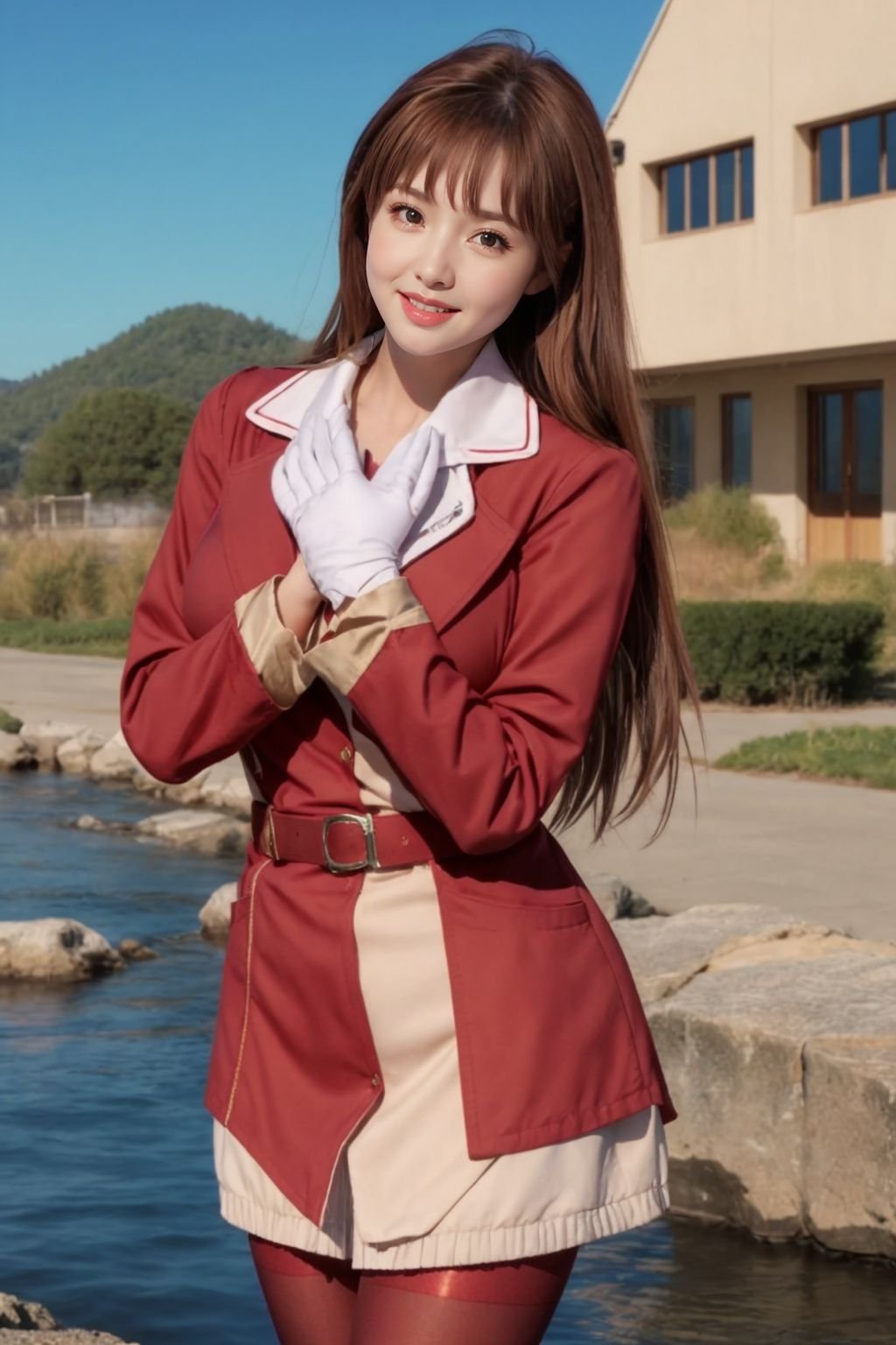 (looking at viewer:1.1),Smile,solo,slim, ccasuna,(brown eyes:1.3),bangs,brown hair,long hair,(large breasts:1.1), uniform,jacket,long sleeves,white gloves,belt,(red pantyhose), (standing),hands up,hands on own chest, outdoors,rock,stream,(sky),<lora:polyhedron_skinny_all:0.3>(high detailed skin:1.3)<lora:tunpham1-chill-bra-hen_v1:0.7> <lora:lord_of_the_rings_offset:0.5> <lora:add_detail:0.4> <lora:GoodHands-vanilla:1> <lora:asuna_(sao)_v1:0.5>