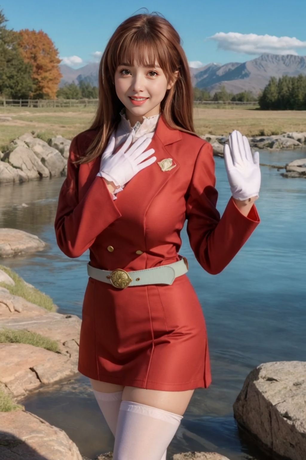 (looking at viewer:1.1),Smile,solo,slim, ccasuna,(brown eyes:1.3),bangs,brown hair,long hair,(large breasts:1.1), uniform,jacket,long sleeves,white gloves,belt,(red pantyhose), (standing),hands up,hands on own chest, outdoors,rock,stream,(sky),<lora:polyhedron_skinny_all:0.3>(high detailed skin:1.3)<lora:tunpham1-chill-bra-hen_v1:0.7> <lora:lord_of_the_rings_offset:0.5> <lora:add_detail:0.4> <lora:GoodHands-vanilla:1> <lora:asuna_(sao)_v1:0.5>