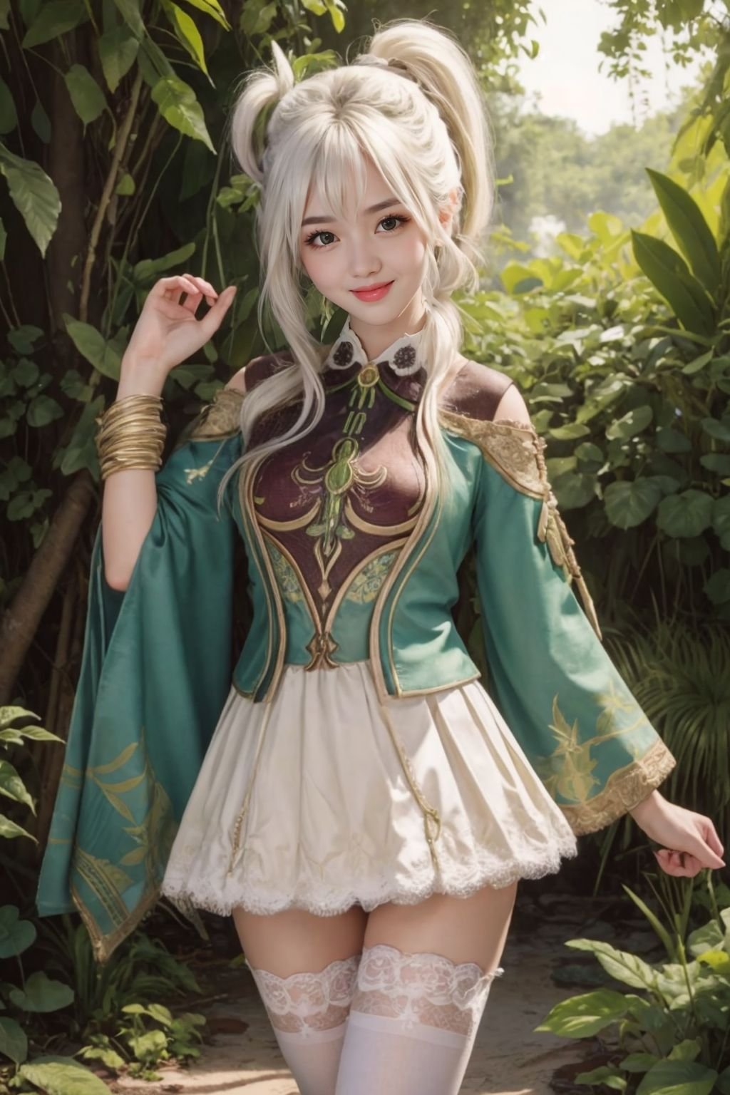 tall famale, aged up, medium breasts, white thighhighs, ((masterpiece)), legs apart, ((best quality)), ((highly detailed)), standing, smile, 1girl, cowboy shot, looking at viewer, blush, sunshine, flower, forest, trees, vines and lianas, herbaceous plants. outdoors, side ponytail, jungle:1, nature, nahida_genshin, cross-shaped pupilsm, white hair<lora:polyhedron_skinny_all:0.3>(high detailed skin:1.3)<lora:tunpham1-chill-bra-hen_v1:0.7> <lora:lord_of_the_rings_offset:0.0><lora:ff7r_style_ned_offset:0.0> <lora:add_detail:0.4> <lora:GoodHands-vanilla:1> <lora:Nahida:0.7>