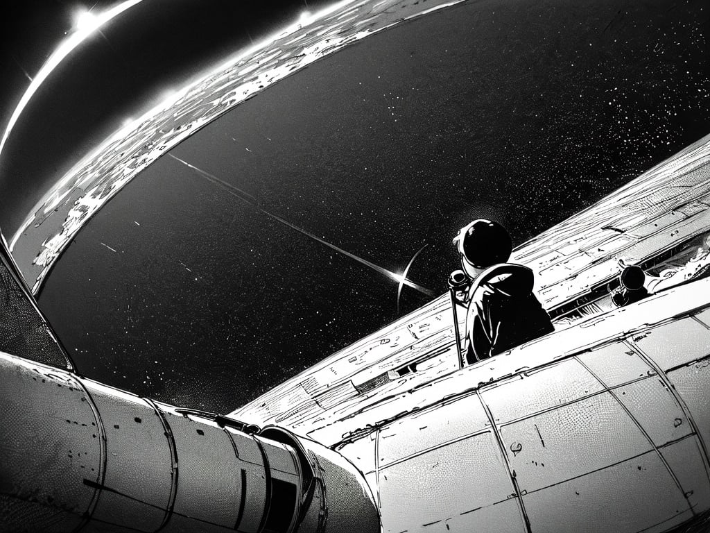 (((best quality,masterpiece,fine detailed,))),<lora:CJ view:0.8>,Looking Angle, large perspective, fisheye Perspective, black and white painting, Scene design, concept design,CJ view,a drawing of a space station with a telescope and a man in a space suit looking at a space station, ground_vehicle, military_vehicle, motor_vehicle, tank, military, vehicle_focus, caterpillar_tracks, monochrome, trembling, greyscale,red sky, (best quality, high quality, masterpiece,),