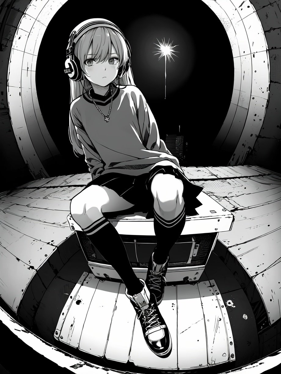 (((best quality,masterpiece,fine detailed,))),<lora:CJ view:0.8>,Looking Angle,large perspective,fisheye Perspective,black and white painting,Scene design,concept design,CJ view,a person sitting on top of a boombox with headphones on and a boombox in front of them,military,halftone,military_uniform,polka_dot,jacket,polka_dot_background,frown,boots,uniform,1girl,itsumi_erika,bangs,socks,light_frown,ground_vehicle,closed_mouth,solo,military_vehicle,long_hair,greyscale,monochrome,miniskirt,motor_vehicle,skirt,headphones,kuromorimine_military_uniform,chain-link_fence,long_sleeves,outside_border,cross-laced_footwear,military_hat,ankle_boots,sitting,pleated_skirt,emblem,shirt,dress_shirt,standing,raglan_sleeves,tank,blue sky,, (best quality, high quality, masterpiece,),