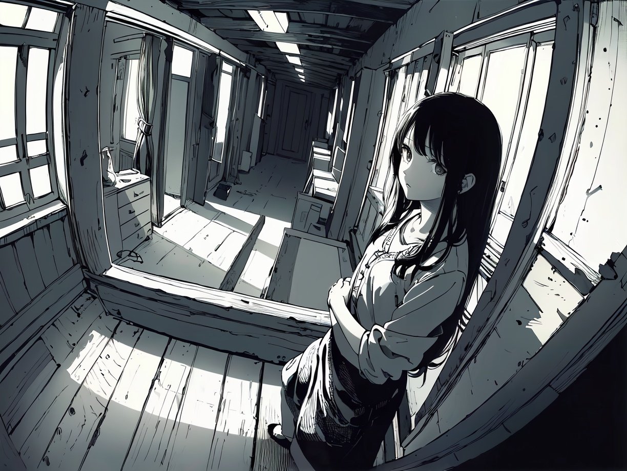 (((best quality,masterpiece,fine detailed,))),<lora:CJ view:0.8>,indoor scene,(large perspective perspective,fisheye perspective picture),(1 girl,long hair,beautiful girl,face to),attic,corridor,wooden furniture,black and white painting,dynamic,exquisite details,absurdres,, (best quality, high quality, masterpiece,),