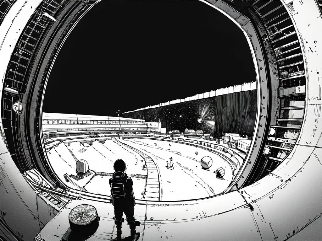 (((best quality,masterpiece,fine detailed,))),<lora:CJ view:0.8>,Looking Angle,large perspective,fisheye Perspective,black and white painting,Scene design,concept design,CJ view,a drawing of a space station with a telescope and a man in a space suit looking at a space station,ground_vehicle,military_vehicle,motor_vehicle,tank,military,vehicle_focus,caterpillar_tracks,monochrome,trembling,greyscale,(blue sky),, (best quality, high quality, masterpiece,),