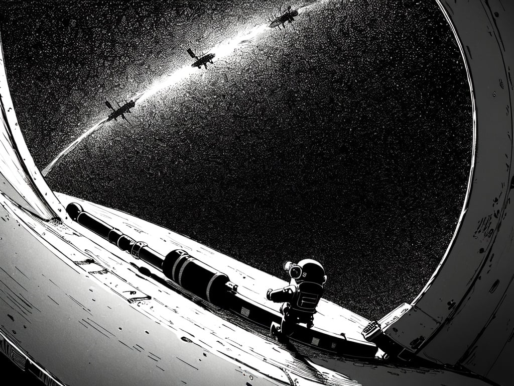 (((best quality,masterpiece,fine detailed,))),<lora:CJ view:0.8>,Looking Angle, large perspective, fisheye Perspective, black and white painting, Scene design, concept design,CJ view,a drawing of a space station with a telescope and a man in a space suit looking at a space station, ground_vehicle, military_vehicle, motor_vehicle, tank, military, vehicle_focus, caterpillar_tracks, monochrome, trembling, greyscale,red sky, (best quality, high quality, masterpiece,),