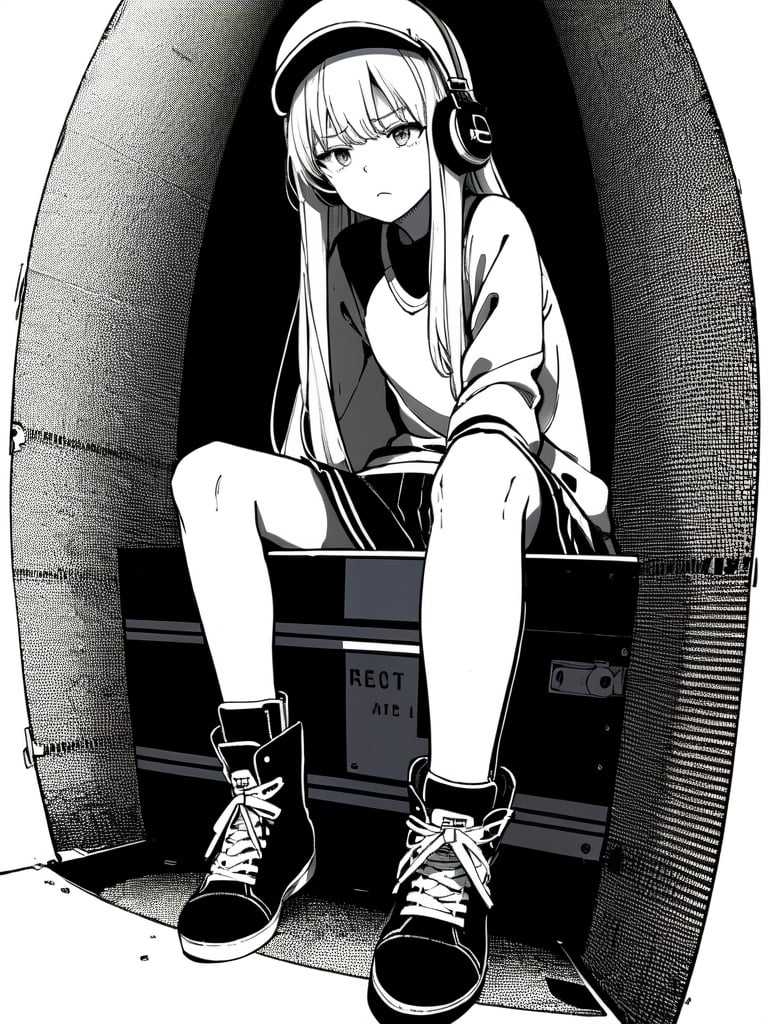 (((best quality,masterpiece,fine detailed,))),<lora:CJ view:0.8>,Looking Angle,large perspective,fisheye Perspective,black and white painting,Scene design,concept design,CJ view,a person sitting on top of a boombox with headphones on and a boombox in front of them,military,halftone,military_uniform,polka_dot,jacket,polka_dot_background,frown,boots,uniform,1girl,itsumi_erika,bangs,socks,light_frown,ground_vehicle,closed_mouth,solo,military_vehicle,long_hair,greyscale,monochrome,miniskirt,motor_vehicle,skirt,headphones,kuromorimine_military_uniform,chain-link_fence,long_sleeves,outside_border,cross-laced_footwear,military_hat,ankle_boots,sitting,pleated_skirt,emblem,shirt,dress_shirt,standing,raglan_sleeves,tank,blue sky,, (best quality, high quality, masterpiece,),