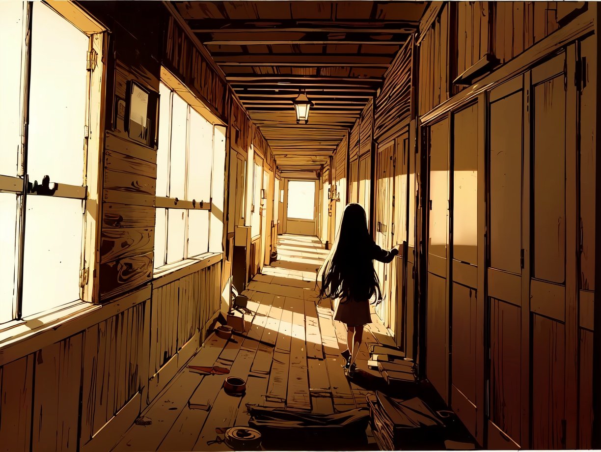 (((best quality,masterpiece,fine detailed,))),<lora:CJ view:0.8>,indoor scene,(large perspective perspective,fisheye perspective picture),(1 girl,long hair,beautiful girl,face to),attic,corridor,wooden furniture,black and white painting,dynamic,exquisite details,absurdres,, (best quality, high quality, masterpiece,),