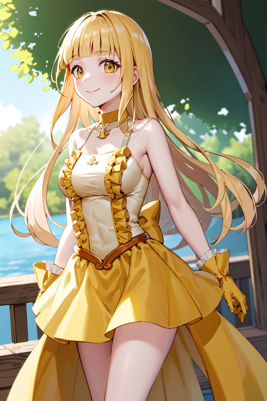masterpiece, best quality, highres, aacoco, long hair, blonde hair, blunt bangs, choker, frills, yellow dress, sleeveless, yellow gloves, yellow skirt, <lora:coco_v1:0.7>, cowboy shot, standing, outdoors, smile