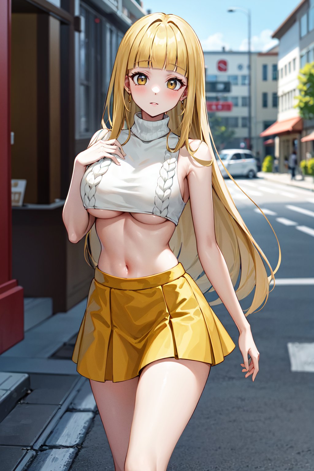 masterpiece, best quality, highres, aacoco, long hair, blonde hair, blunt bangs, <lora:coco_v1:0.7>, crop top, underboob, sleeveless turtleneck, sweater, white skirt, street, cowboy shot, walking,