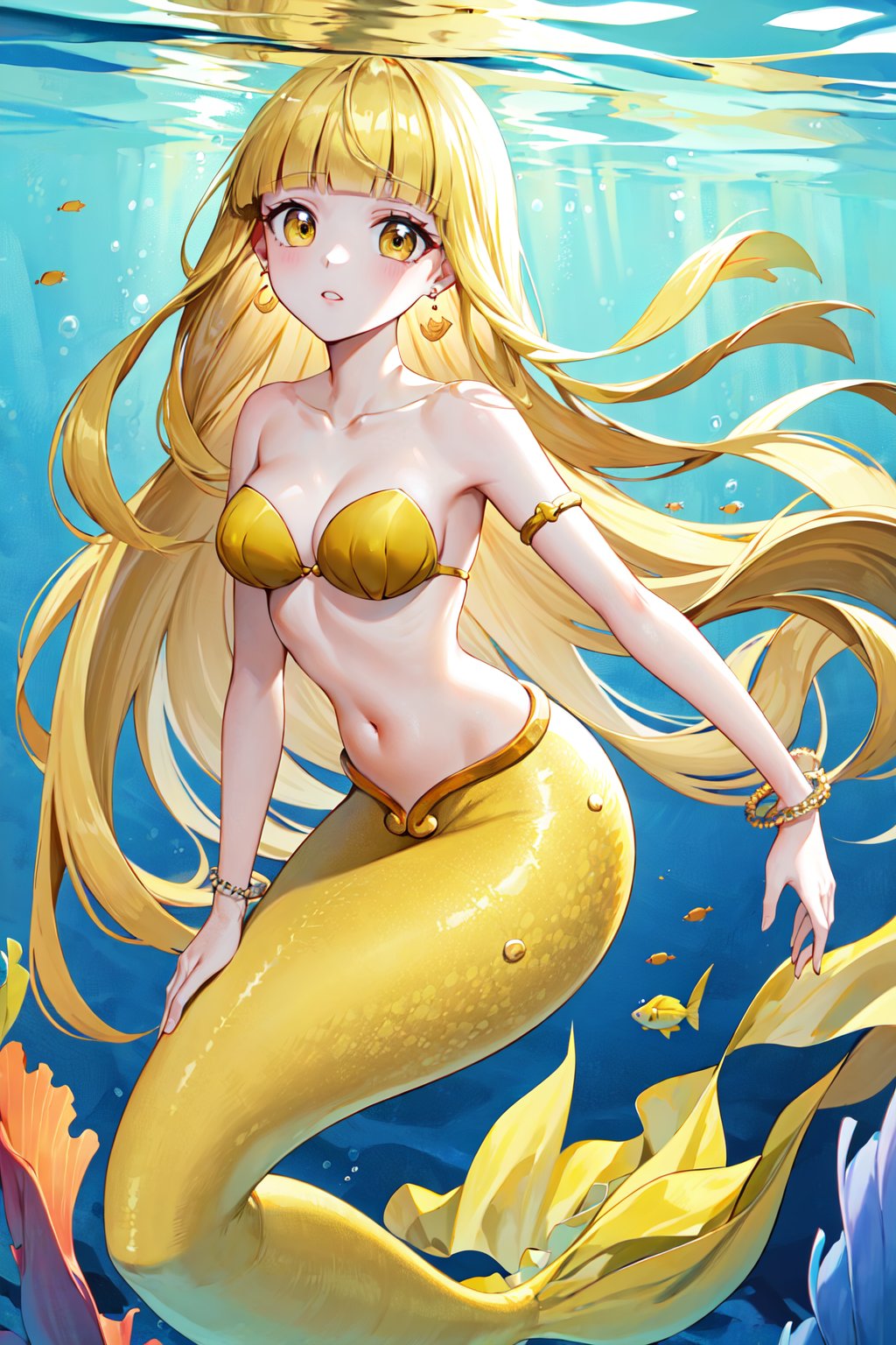 masterpiece, best quality, highres, aacoco, long hair, blonde hair, blunt bangs, earrings, mermaid, armlet, yellow bikini, shell bikini, bikini top only, bracelet, <lora:coco_v1:0.7>, underwater, fish,