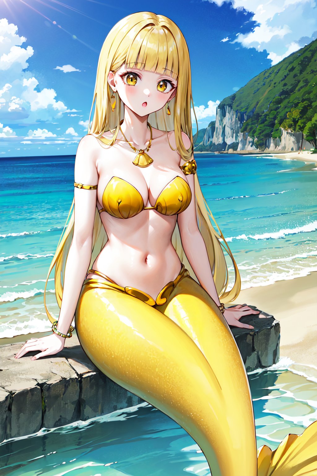 masterpiece, best quality, highres, aacoco, long hair, blonde hair, blunt bangs, earrings, mermaid, armlet, yellow bikini, shell bikini, bikini top only, bracelet, <lora:coco_v1:0.7>, ocean, beach, sitting, :o