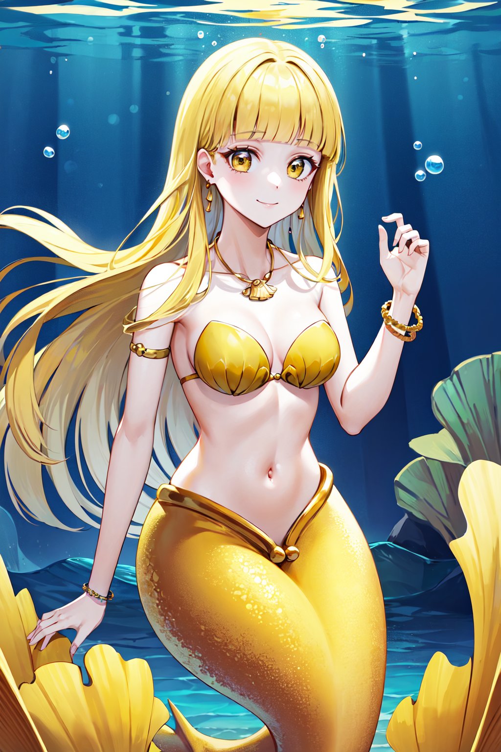 masterpiece, best quality, highres, aacoco, long hair, blonde hair, blunt bangs, earrings, mermaid, armlet, yellow bikini, shell bikini, bikini top only, bracelet, <lora:coco_v1:0.7>, underwater, cowboy shot, smile,