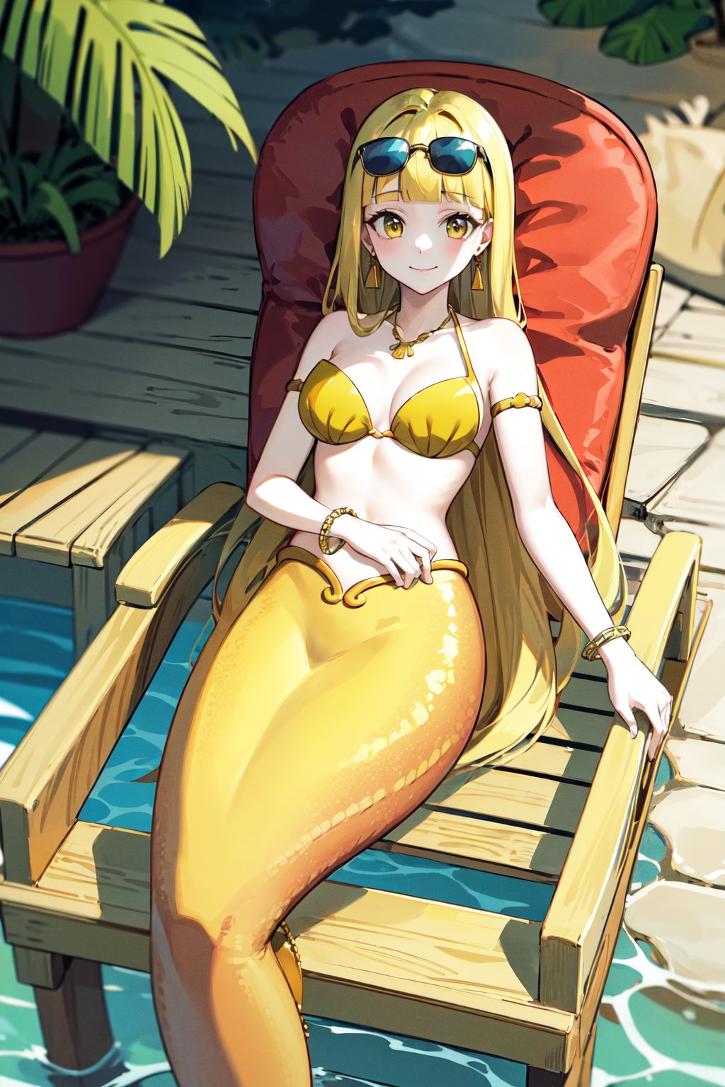 masterpiece, best quality, highres, aacoco, long hair, blonde hair, blunt bangs, earrings, mermaid, armlet, yellow bikini, shell bikini, bikini top only, bracelet, <lora:coco_v1:0.7>, lying, water, chair, sunglasses, eyewear on head, smile,