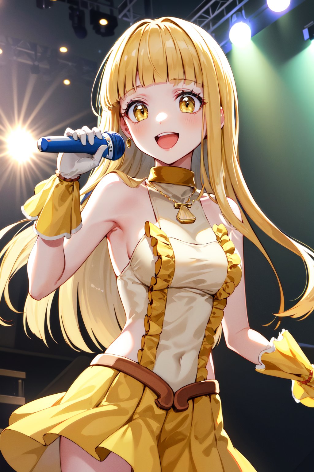 masterpiece, best quality, highres, aacoco, long hair, blonde hair, blunt bangs, choker, frills, yellow dress, sleeveless, yellow gloves, yellow skirt, <lora:coco_v1:0.7>, stage, holding microphone, smile, open mouth, standing