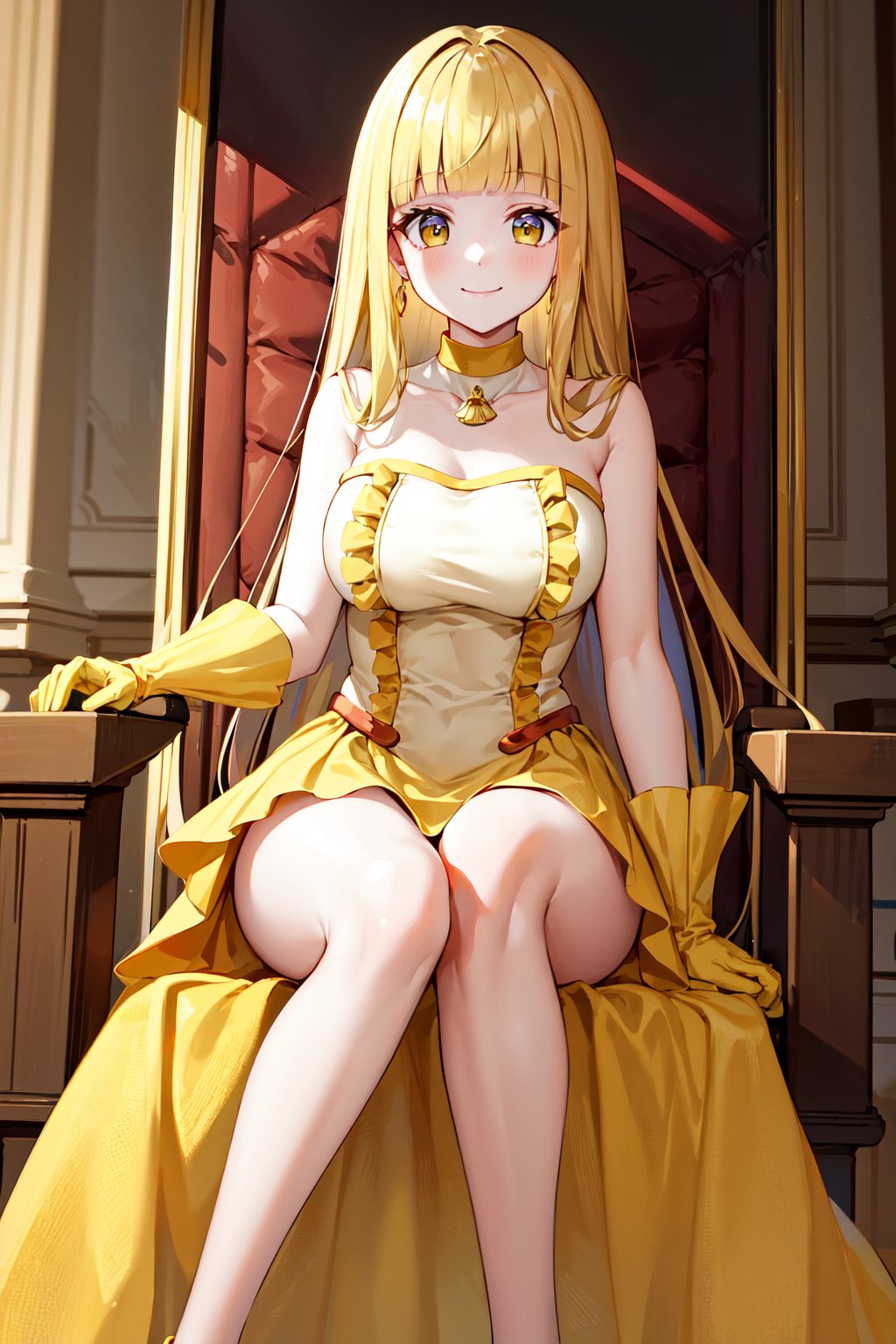 masterpiece, best quality, highres, aacoco, long hair, blonde hair, blunt bangs, choker, frills, yellow dress, sleeveless, yellow gloves, yellow skirt, <lora:coco_v1:0.7>, sitting, throne, smile, indoor