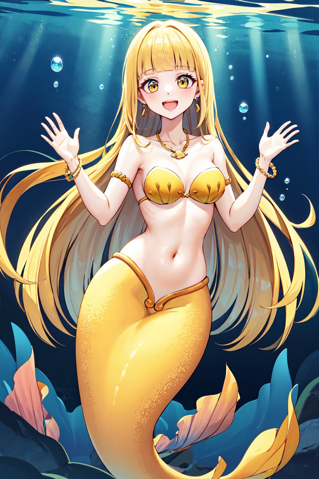 masterpiece, best quality, highres, aacoco, long hair, blonde hair, blunt bangs, earrings, mermaid, armlet, yellow bikini, shell bikini, bikini top only, bracelet, <lora:coco_v1:0.7>, underwater, cowboy shot, smile, open mouth, waving